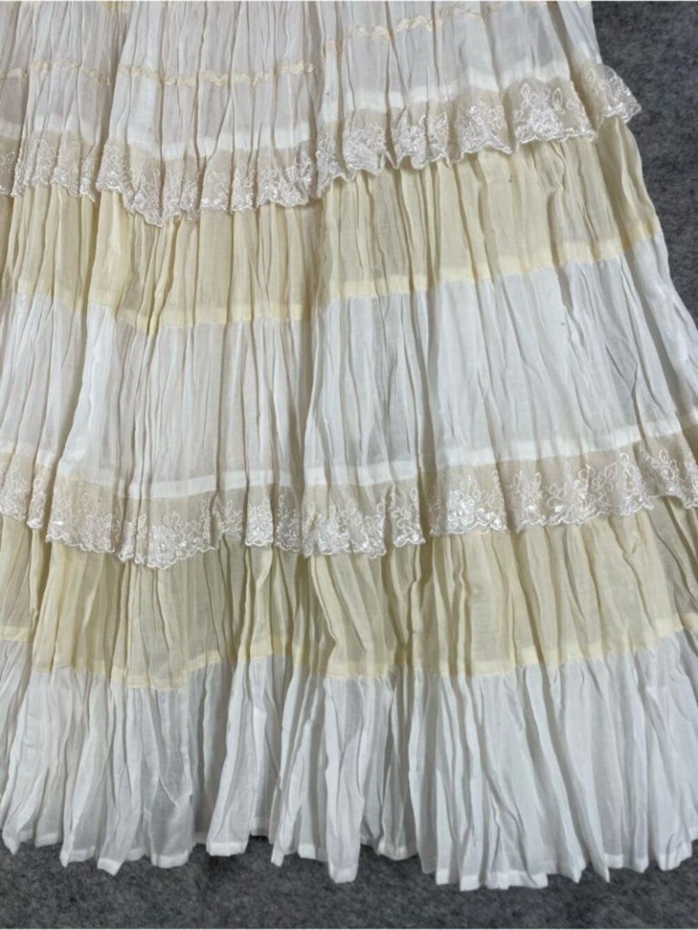 Boho Tiered Crinkle Maxi Skirt Cream White Prairie Cottagecore Festival Chic - Picture 5 of 16